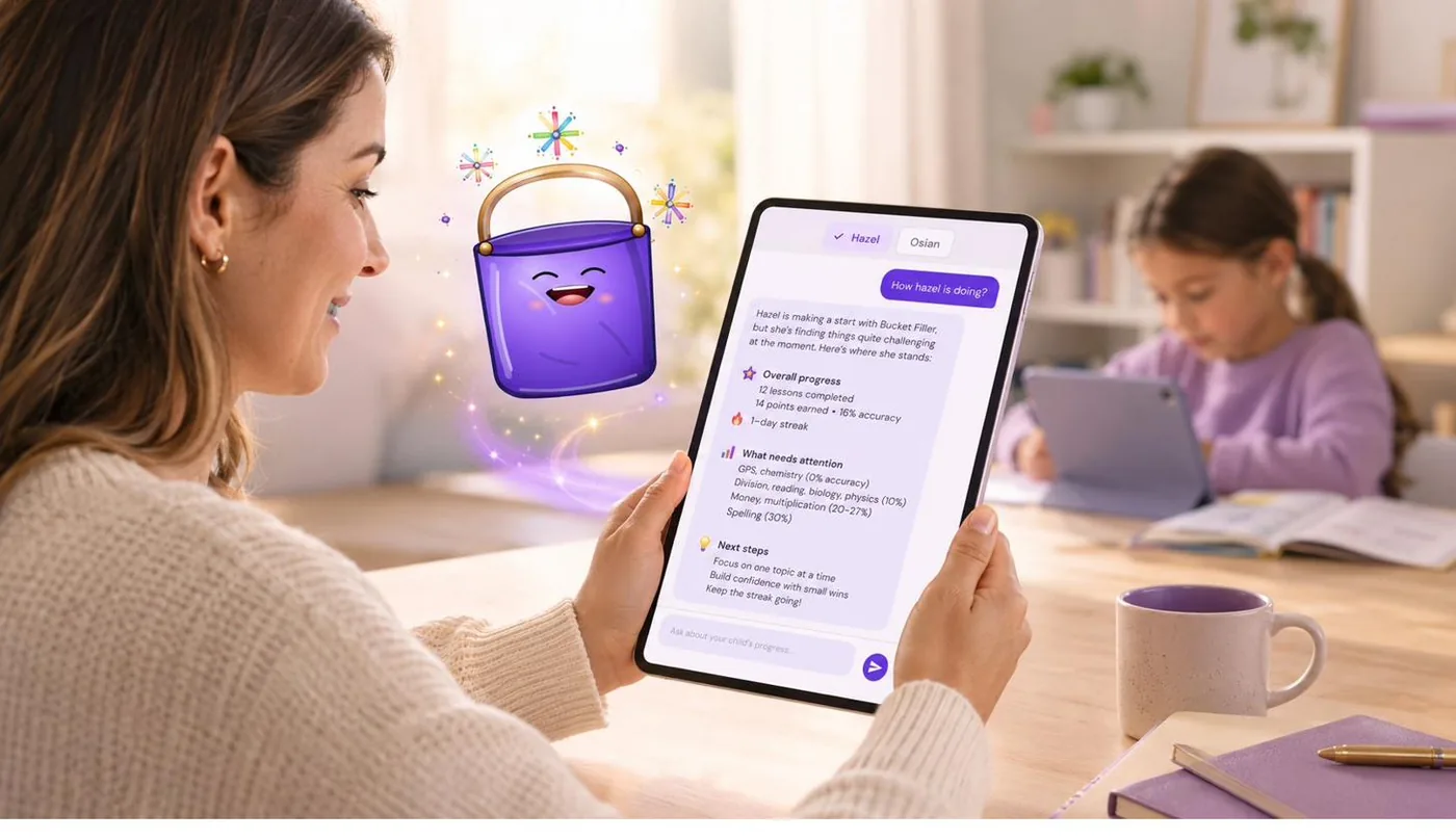 Parent using the Bucket Filler AI Progress Assistant to understand a child’s learning progress.