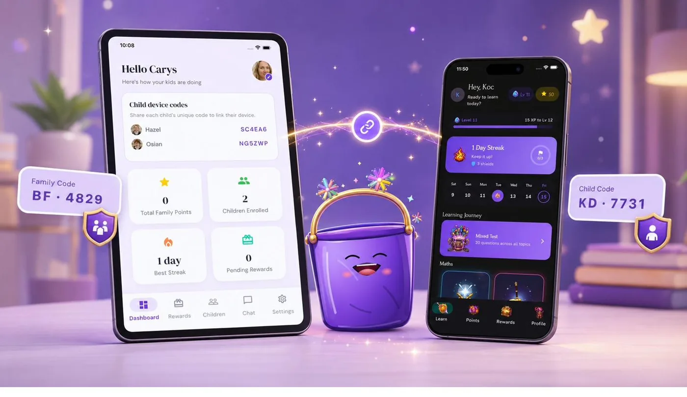 Parent device and child device connected in Bucket Filler using family and child codes.
