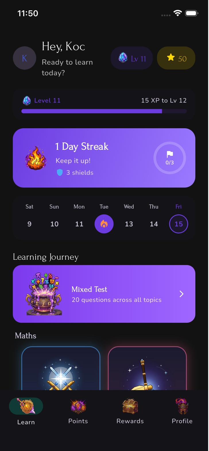 Bucket Filler child home screen showing XP level, daily streak and today’s learning goal.
